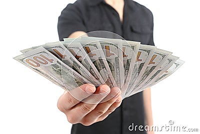 Close up of a man hand offering money banknotes Stock Photo