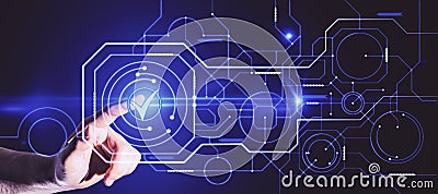 Close up of man hand pointing at abstract glowing digital business circuit network and tick mark interface on blurry background. Stock Photo