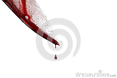 close-up of man holding knife smeared with blood and still dripping., Isolated on white background. Stock Photo