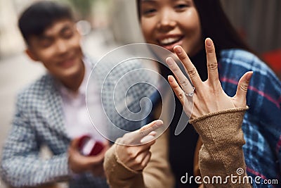 Close up. Man makes proposal of marriage to girl. Stock Photo