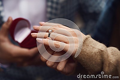Close up. Man makes proposal of marriage to girl. Stock Photo