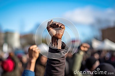 Close up of a man raised his fist in protest with crowd in the background, A raised fist of a protestor at a political Stock Photo