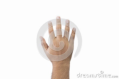 Close-up man's back of hand goodwill gesture. Open outstretched hand, showing five fingers, extended in greeting copy space Stock Photo
