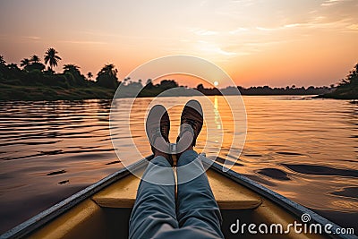 Close up of man's feet in boat on the river at sunset, Crop unrecognizable barefooted male traveler sitting on edge of boat Stock Photo