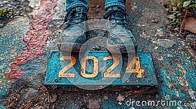 Close-up of man's feet standing on the road with the number 2024 Stock Photo