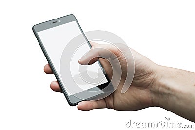 Close up of a man`s hand holding phone with white display on whi Stock Photo