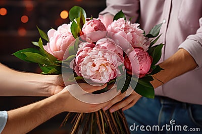 Close-up of man's hands giving bouquet of flowers to male arms. Florist holds bouquet of peonies Ai, Ai Generated Stock Photo