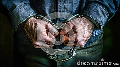 Close-up of a man's hands in police handcuffs against a dark background, symbolizing detention and imprisonment in a somber Stock Photo