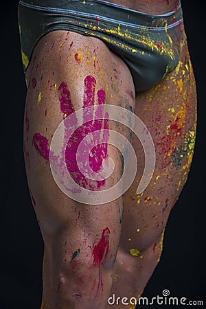 Close-up of man`s leg with palm print Stock Photo