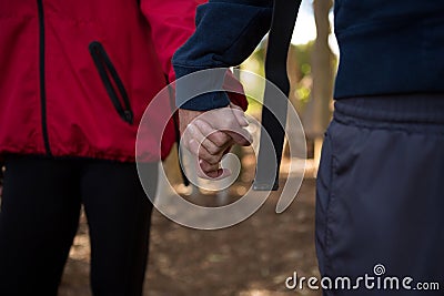 Man and woman holding there hands in the forest Stock Photo