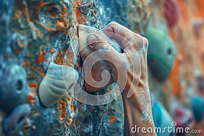 Close up of a mans hand gripping onto a climbing wall hold Stock Photo