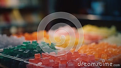 a close up of many different colored gummy bears in plastic trays Stock Photo