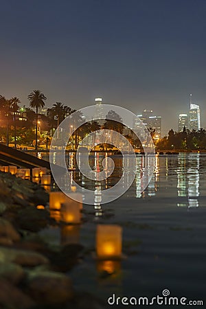 Close up of many lantern with Los Angeles city skyline in Lotus Festival Echo Park Stock Photo