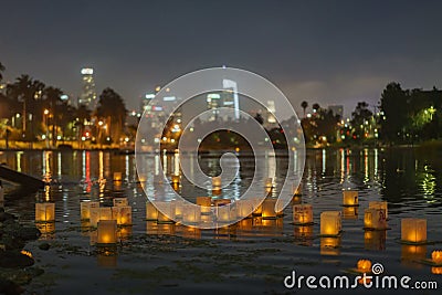 Close up of many lantern with Los Angeles city skyline in Lotus Festival Echo Park Stock Photo