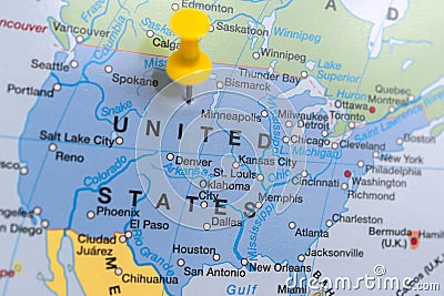 Map of United States with yellow push pin. Stock Photo