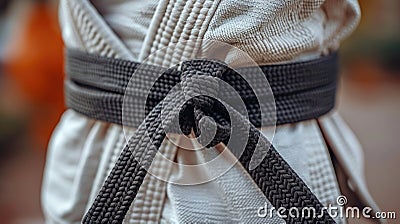 Close-up of a martial arts black belt tied around a gi Stock Photo