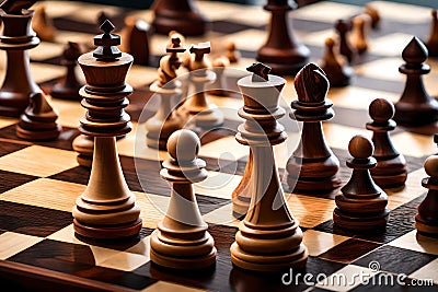 A close-up of a masterfully crafted chessboard with intricately detailed wooden pieces in the midst of a high-stakes game Stock Photo