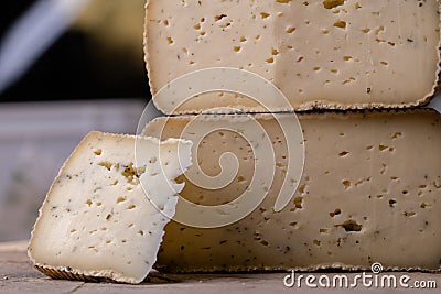 close up of maturated selection of cheese on old wood Stock Photo