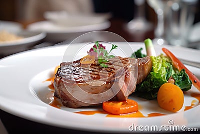 Close up of meat stick served with some fresh vegetables over white dish Stock Photo