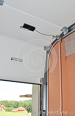 Close up on mechanical garage door opener mechanism. Stock Photo