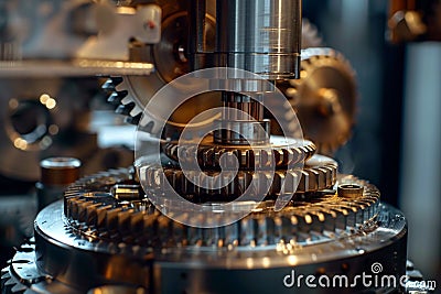 Closeup of mechanical gears and components intricate engineering design metallic textures workshop environment Stock Photo