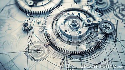 Close-up of mechanical gears on a technical blueprint background. Suitable for engineering and mechanical concepts Stock Photo