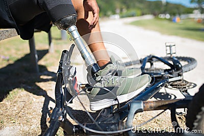 Close-up of mechanical prosthetic leg in sneaker Stock Photo