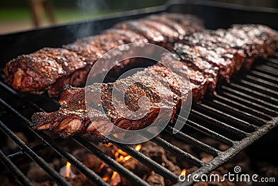 close-up of memphis dry-rubbed pork ribs on a grill Stock Photo