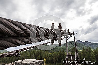 Close-up on a metal binding cable going in perspective to the bridge support with the texture of a summer sunny day. Reliability Stock Photo