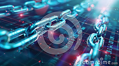Close-up of metal chain links over a digital background, symbolizing blockchain technology and cybersecurity concepts Stock Photo