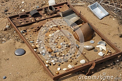 close-up of metal detector frame, with various objects found by its user visible Stock Photo