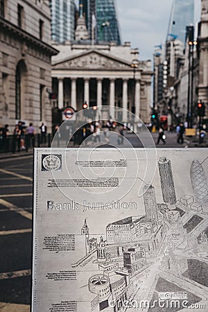 Close up of a metal map of Bank Junction on Jubilee Walkway, London, UK. Editorial Stock Photo