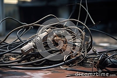 close-up of metal wires and cables, tangled and broken due to power line break Stock Photo