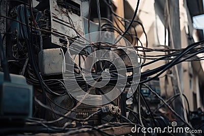 close-up of metal wires and cables, tangled and broken due to power line break Stock Photo