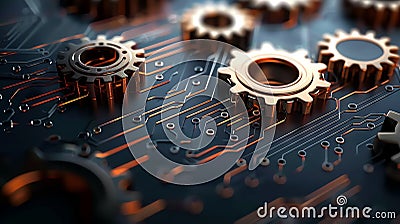 Close-up of metallic gears on a circuit board, representing the intersection of technology and mechanics in modern engineering Stock Photo