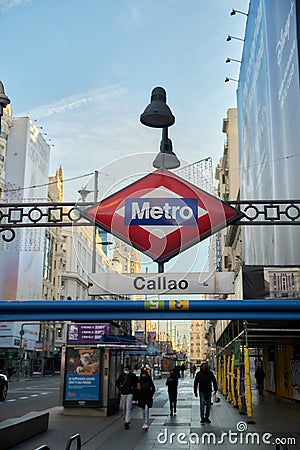 Close-up of Metro sign at the entrance of the Callao metro station, Gran Via, Madrid, Spain. Editorial Stock Photo