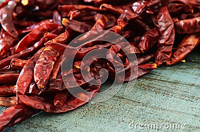 Chile de arbol dry, ingredients for spicy salsa, mexican chile, close up of mexican molcajete, kitchen mortar and dry chile Stock Photo