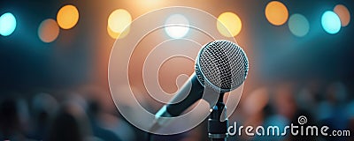Close-up microphone on stand for speaker speech. Blurred audience in background. Bright stage lights create bokeh effect. Public Stock Photo