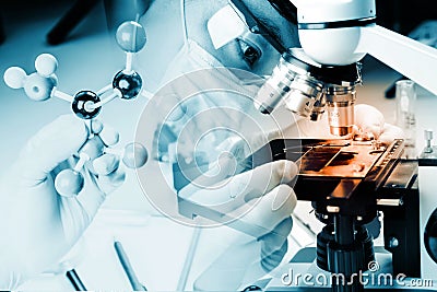 Close up of microscope viewing sample with atom ball and stick molecular model for research, learn, work, solution in laboratory. Stock Photo