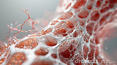 Close-up of a microscopic structure resembling interconnected cells, showcasing intricate patterns in red and white Stock Photo