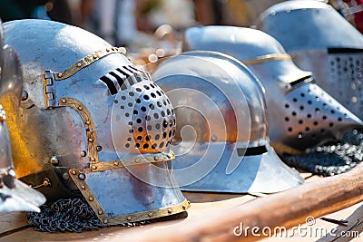 Close up of middle ages armor of the knight. Historic armoring used in combat battles Stock Photo