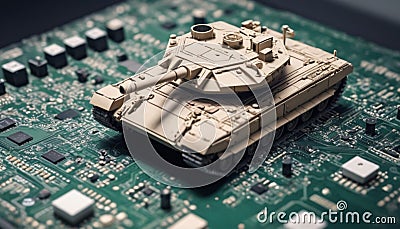Close-up on a military tank on a powerful computer board Stock Photo