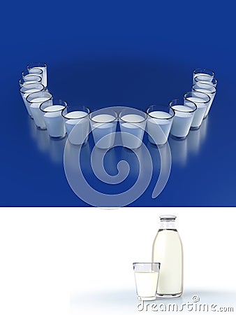 Close-up of milk glasses with reflections. Illustration dental care and beautiful smile teeth. Mock up of dairy glass and bottle Stock Photo