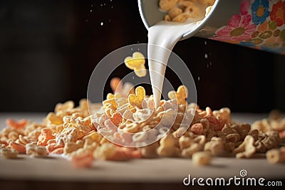 close-up of milk pouring onto cereal flakes Stock Photo