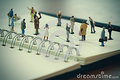 Close up of miniature people with social network diagram Stock Photo