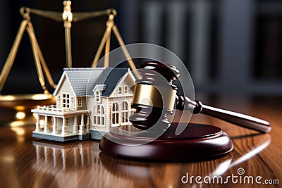 Close up Miniature white house next to a court gavel on table Stock Photo