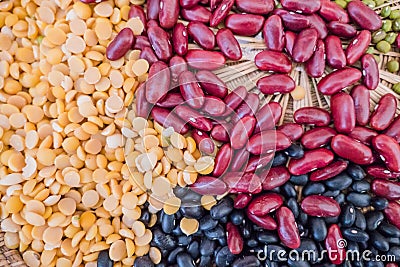 Close up mix grains. Soybeans, black beans, mung beans,red beans Stock Photo