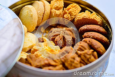 Close up of Mixed Flavor Cookies in Round Box Stock Photo