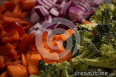 A close up of mixed vegetables being prepared in a kitchen Stock Photo