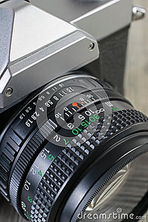 Close up of a 35mm analog camera manual focus lens Stock Photo